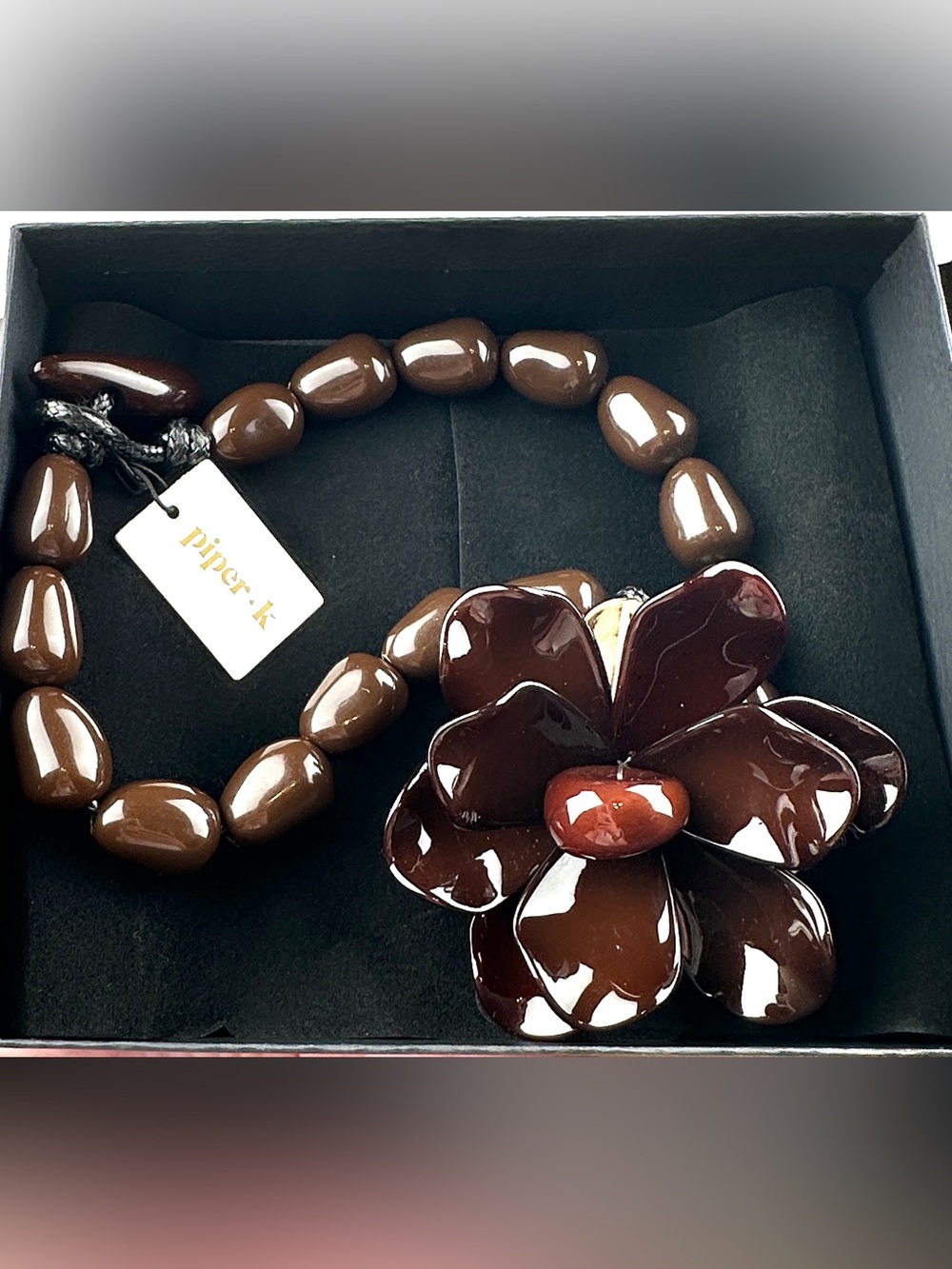NWT Piper K Brown Burgundy Chunky Flower Statement Necklace
